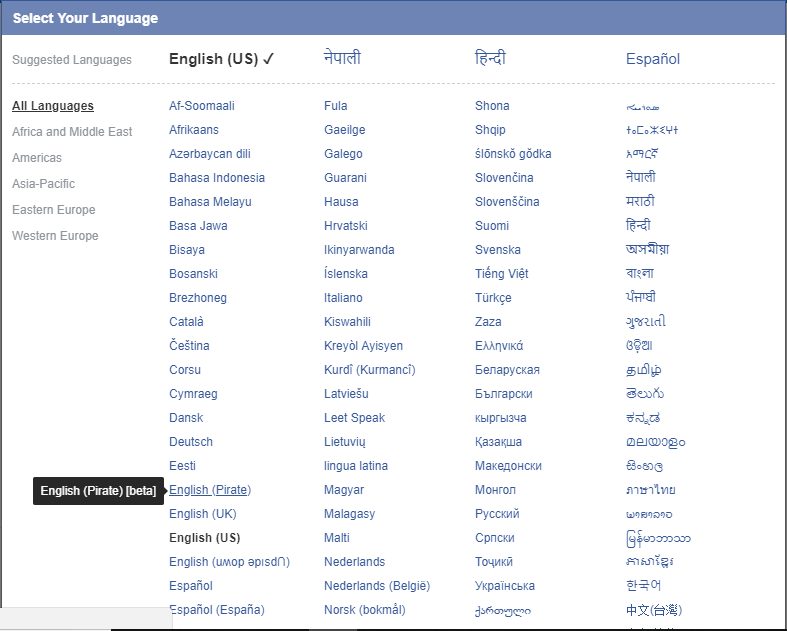 facebook language