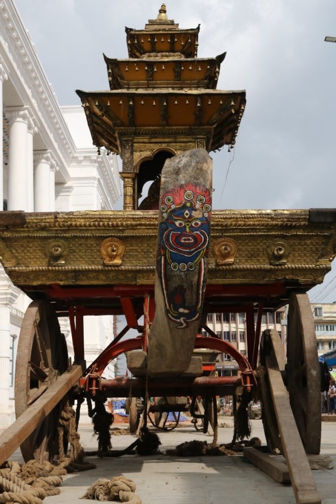 Indra Jatra: The chariot of the Living Goddess Kumari seen at rest, in Basantapur, on Friday, September 21, 2018. Photo: Abhilekh Bhurtel